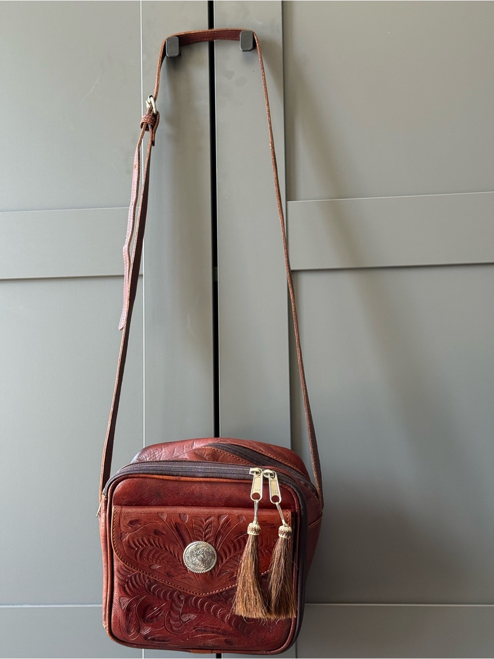 Tooled Brown Leather Crossbody Bag with Silver Concho, Grant Naturals,Paraguay